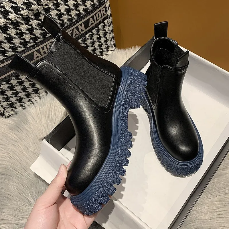 Women's Chunky Boots 2021 Chelsea Boots Ankle Female Shoes Winter Spring Mid Footwear Round Toe Leather Woman Platform Boot