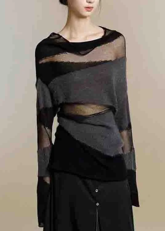 Art Beige O Neck Tulle Patchwork Knit Sweater Winter