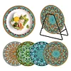 4PCS Wooden Diamond Painted Placemats Tableware Mat with Holder (Datura)