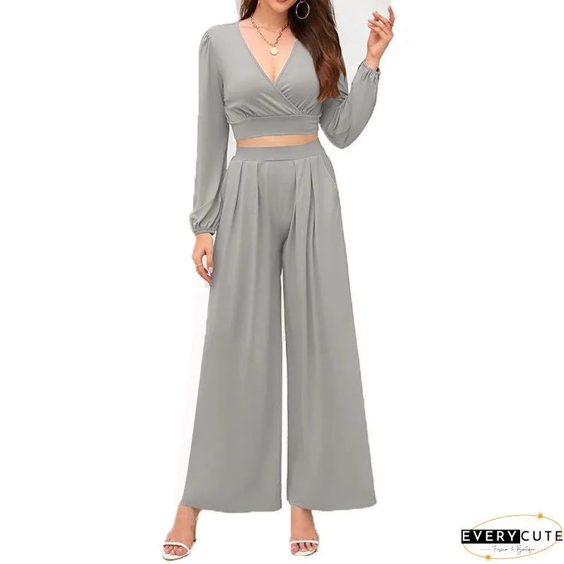 Plus Size Women V-neck long-sleeved Top and high-waisted loose wide-leg pants two-piece set