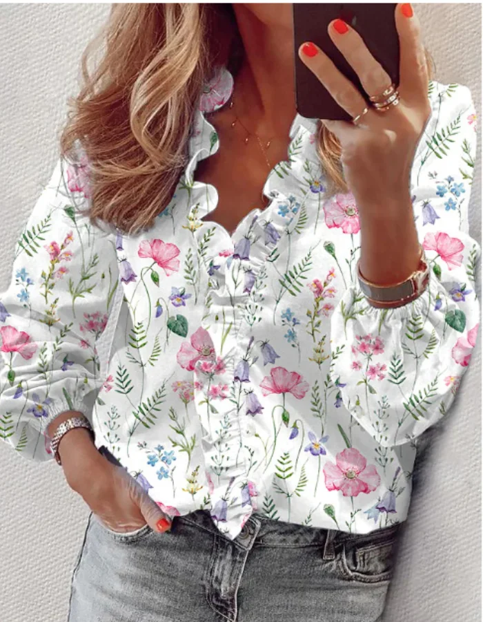 Women's Floral Print Ruffled V-neck Lantern Sleeve Shirt