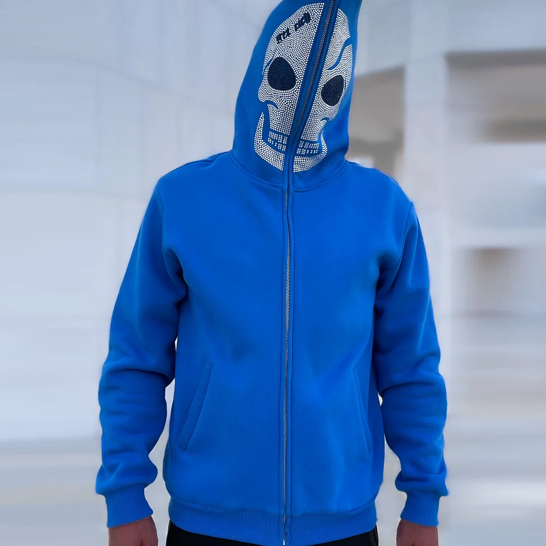Personalized fashion rhinestone skull zipper sweatshirt jacket
