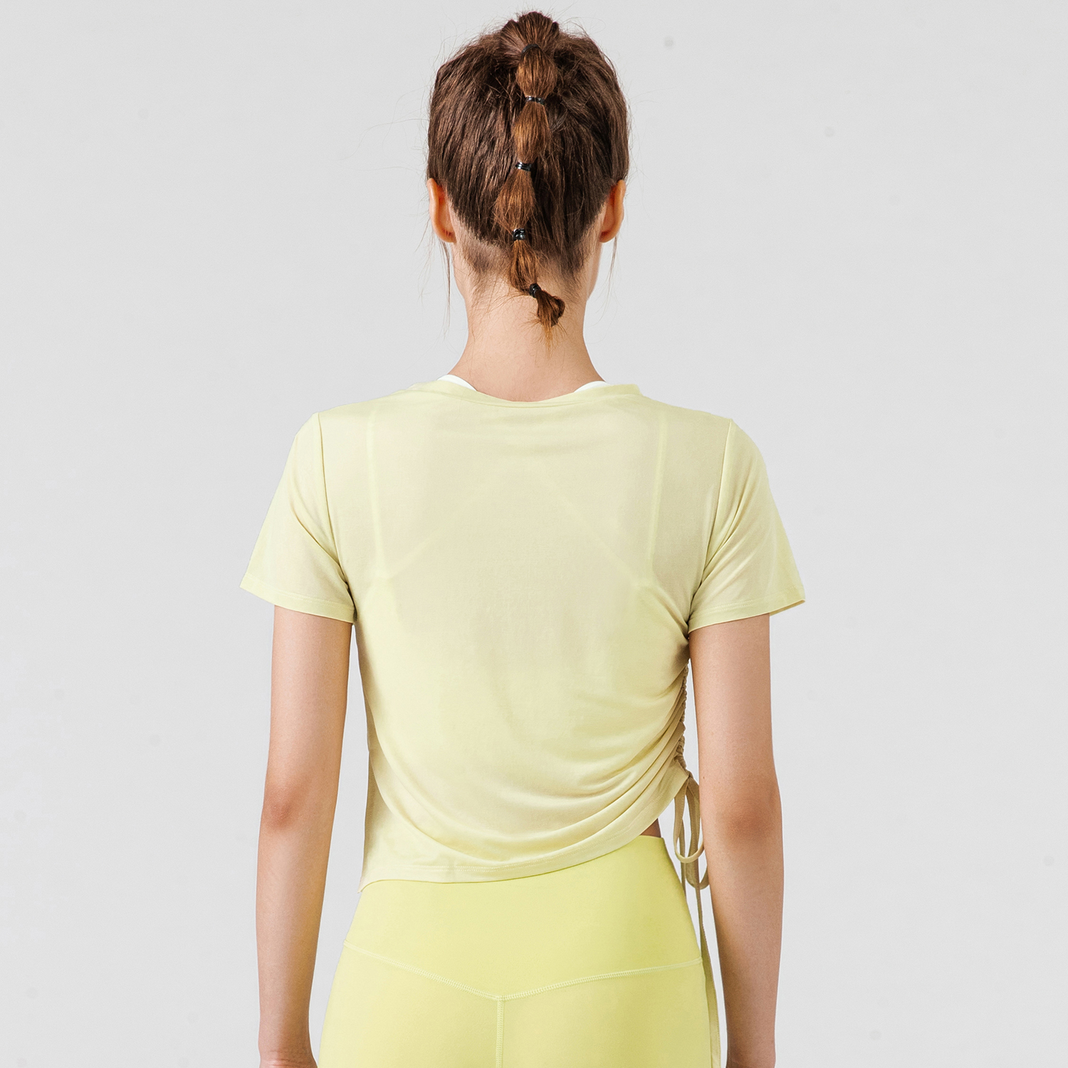 Buy Hergymclothing Mist Green short sleeve round neck see through side drawstring running t shirts for women at an affordable price