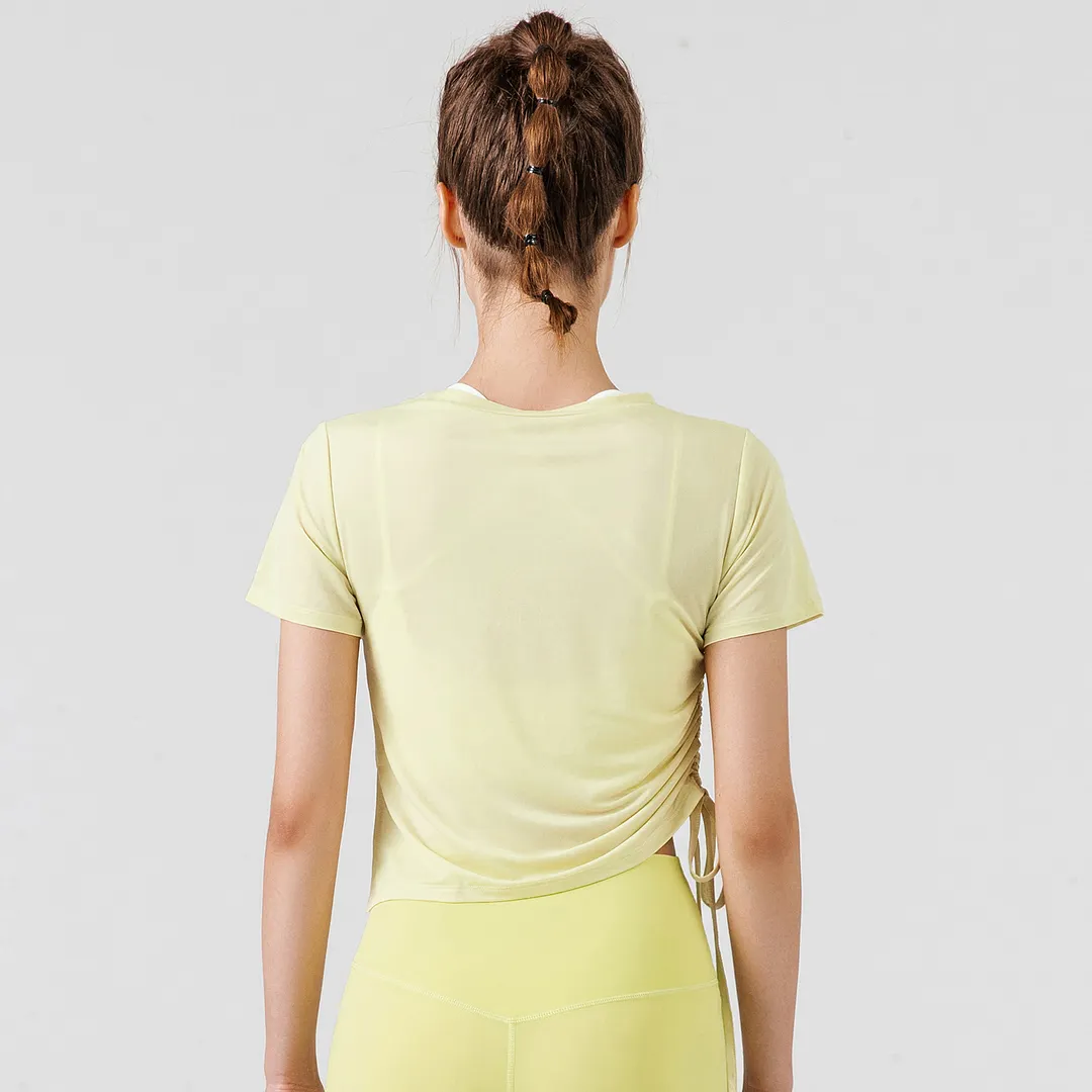 Buy Hergymclothing Mist Green short sleeve round neck see through side drawstring running t shirts for women at an affordable price