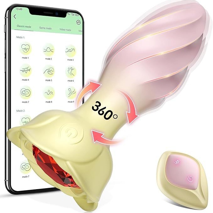 App Remote Control Ruby Jeweled Vibrating Rotating Butt Plug 