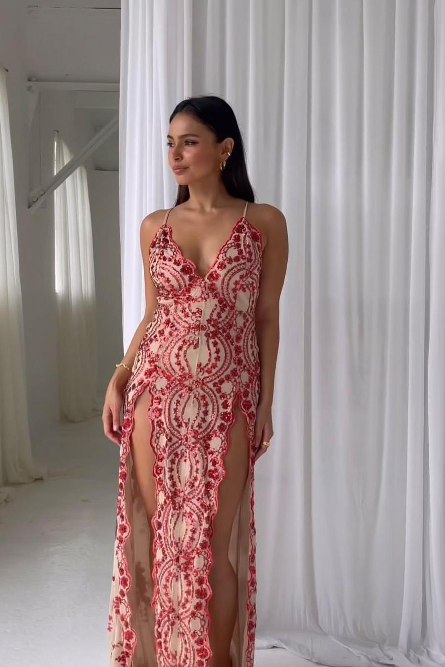 Lvs&Broner Spaghetti Strap V Neck Sleeveless Long Split Prom Dress With Embroidery