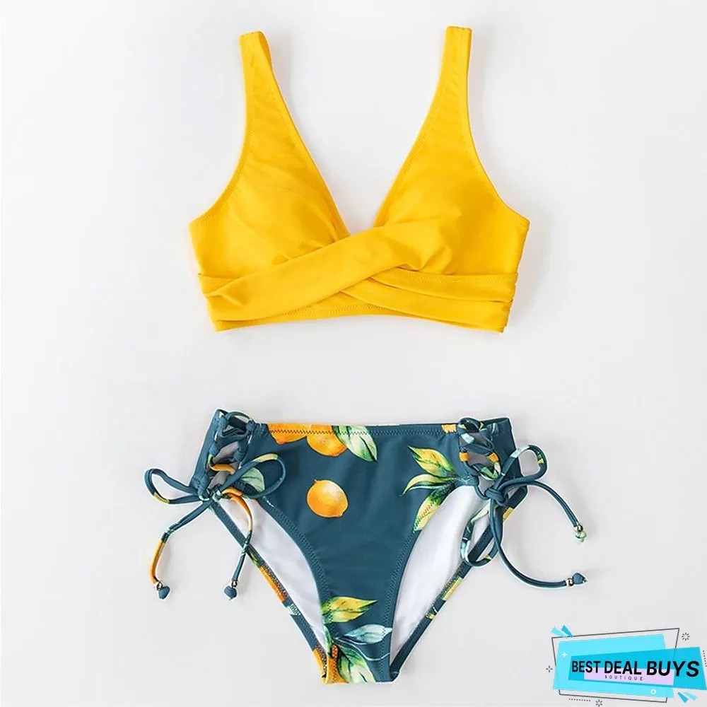 Womens Swimwear Bikini Piece Normal Swimsuit Open Back Printing fold over Flower Green