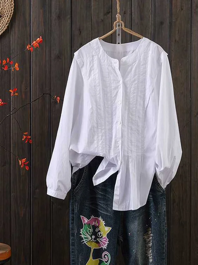 Cotton Round Neck Pleated Long-Sleeved Shirt