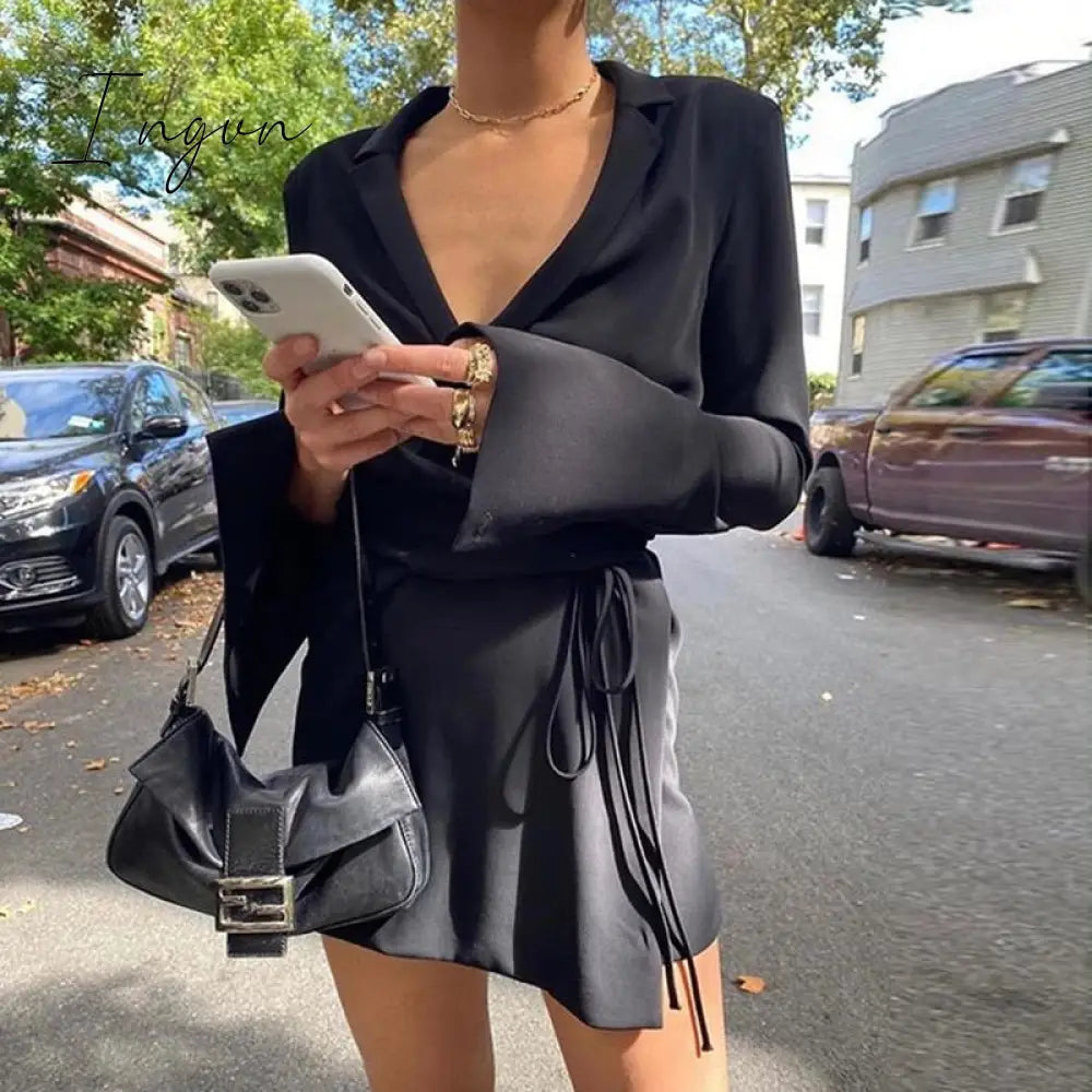 Ingvn - Black Satin V - Neck Shirt Dress Women Autumn Winter Flare Sleeve Lace Up Mini Dresses