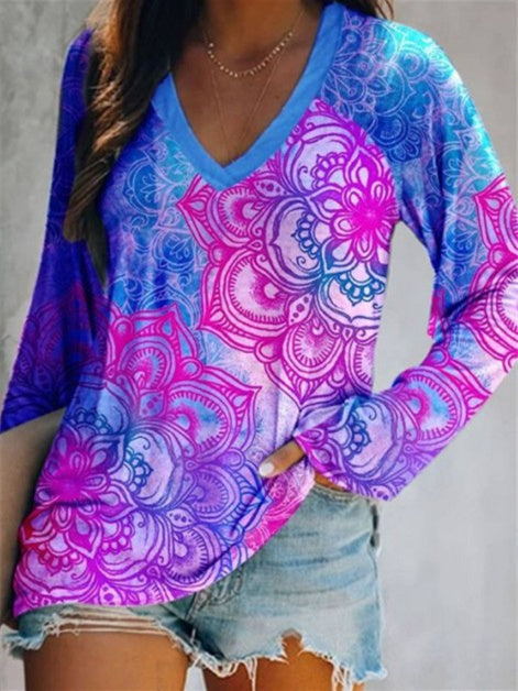 Women Long Sleeve V-neck Graphic Floral Printed Top