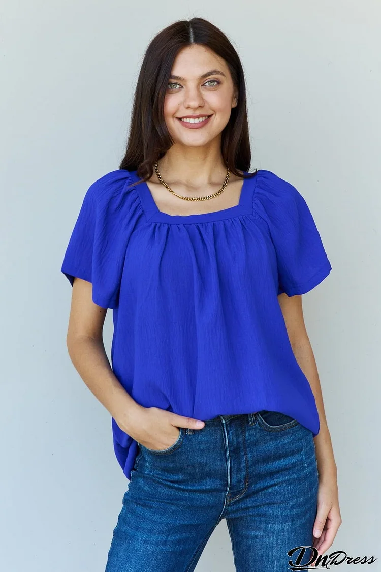 Ninexis Keep Me Close Square Neck Short Sleeve Blouse in Royal