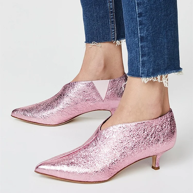 Pink Pointy Toe Kitten Heel Boots |FSJ Shoes