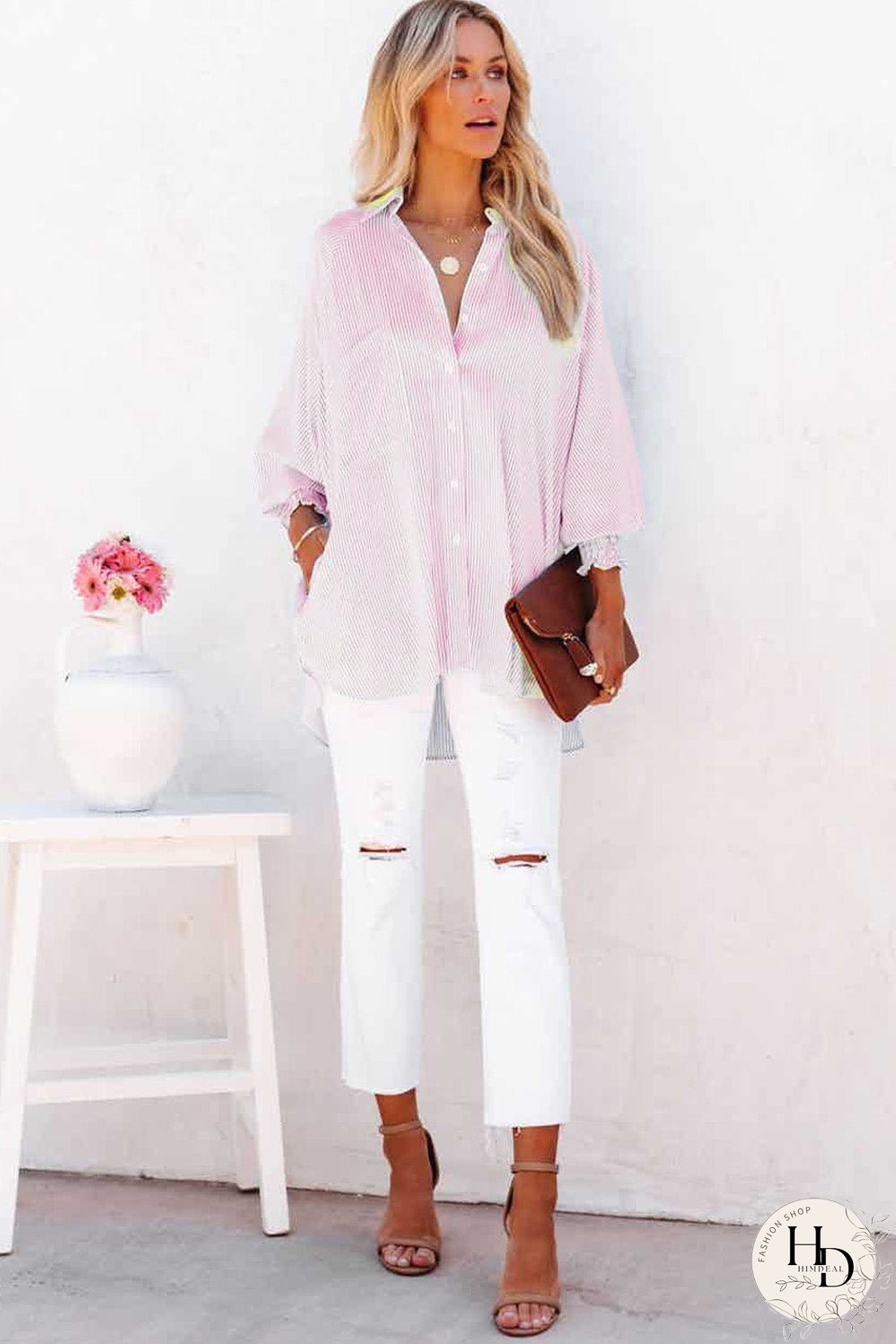 Simple Solid Lapel Button Long Sleeve Blouses