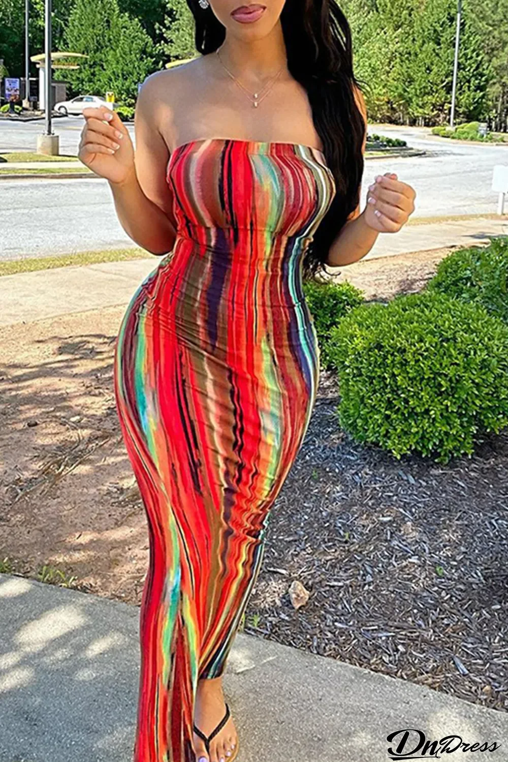 Colour Sexy Print Split Joint Strapless Pencil Skirt Dresses
