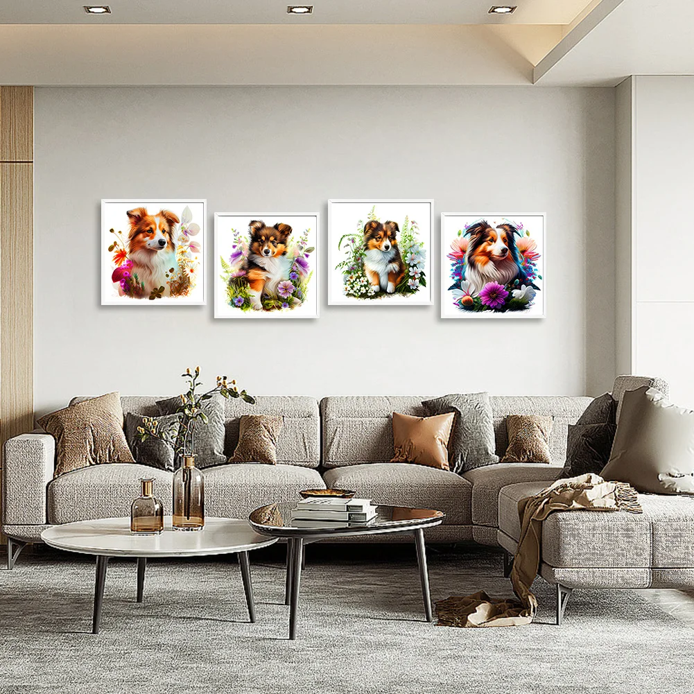 4pcs/Set Diamond Painting - Full Round Drill - Flower Dog(Canvas|30*30cm)