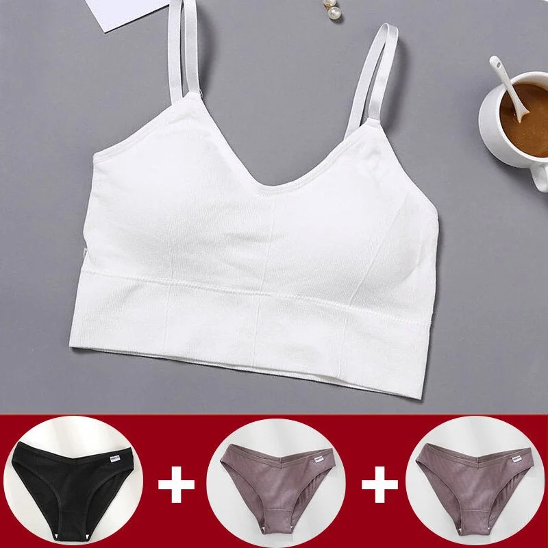Tank Crop Top Bra + 3PCS Panties Set Fashion Solid Color Bra Set for Women Intimates Underwear Female Lingerie Casual Bralette