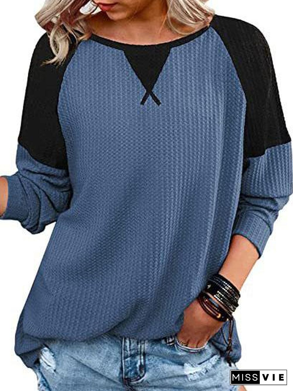 Women's Long Sleeve Scoop Neck Stitching Tops