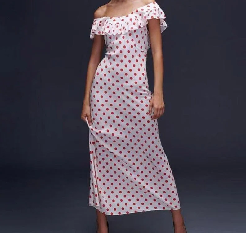 Toloer Red Polka Dot Off Shoulder Maxi Dress-Outfit Ideas