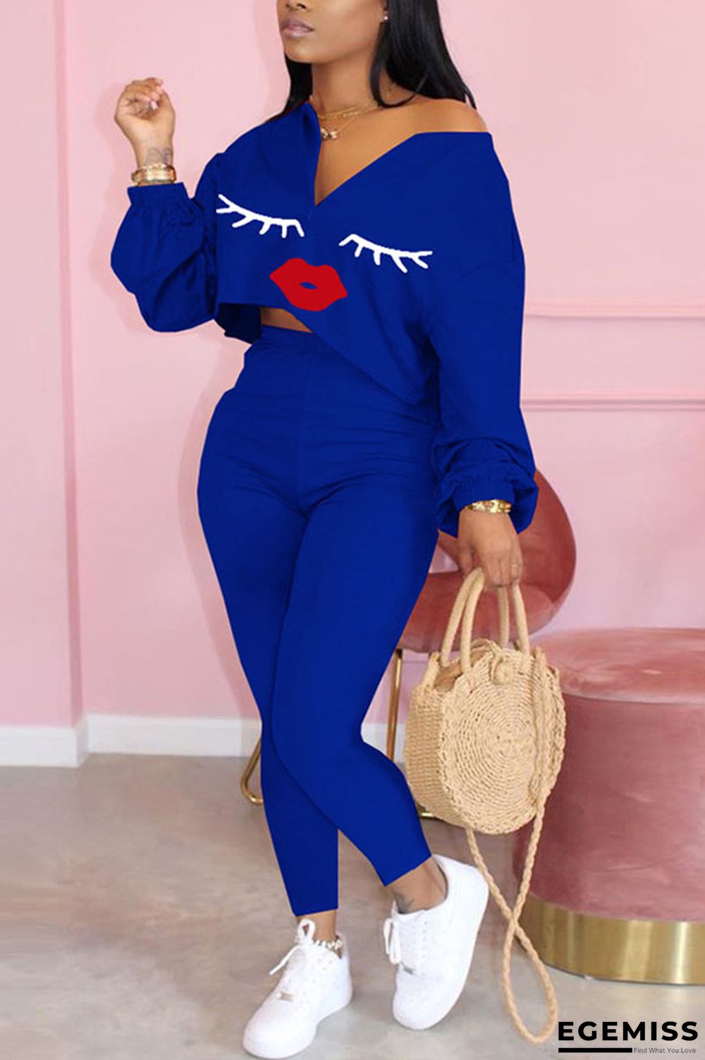 Dark Blue Sexy Print Lips Print pencil Long Sleeve Two Pieces | EGEMISS