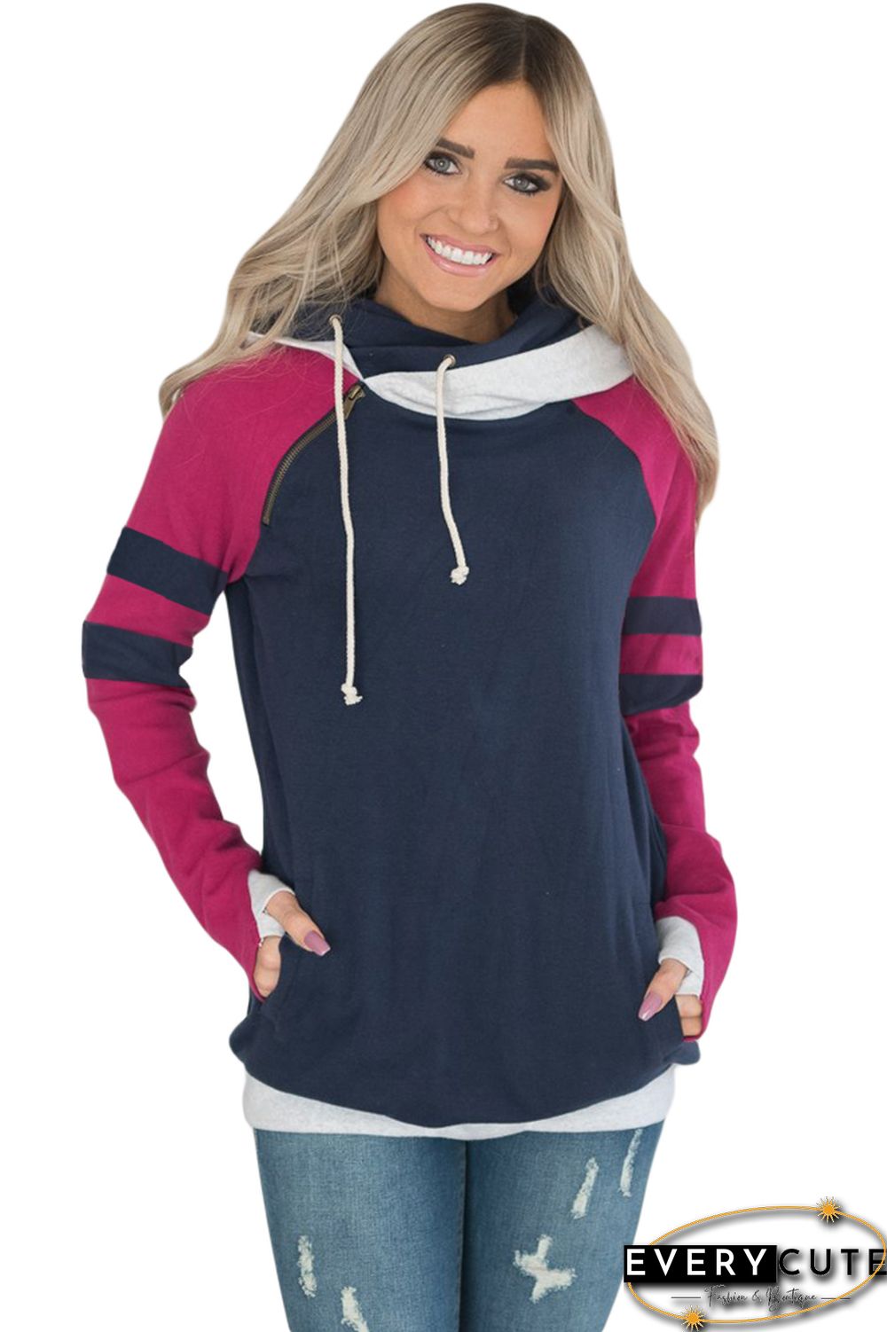 Navy Varsity Striped Sleeves Double Hooded Sweatshirt