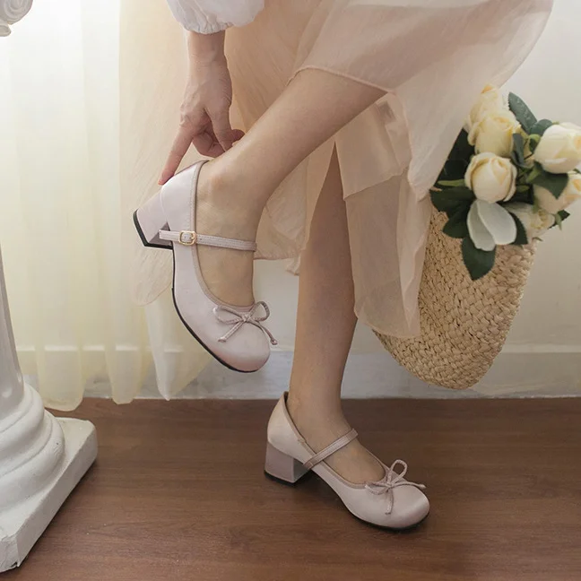 Uveng Uveng Satin Bow Mary Jane Shoes Spring Ballet With Retro Lolita Thick Heel Cheongsam With Skirt Single Shoes
