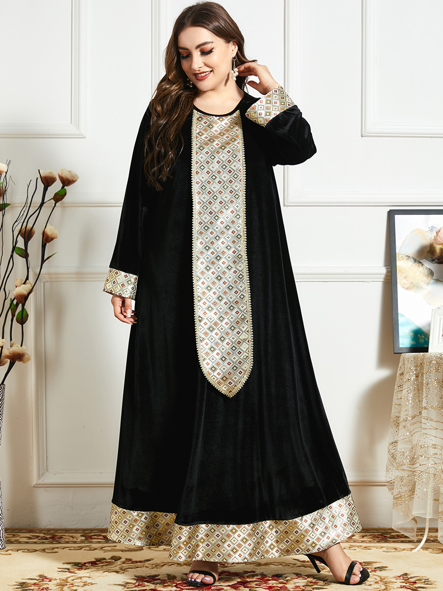 Elegant Gold Jacquard Velvet Long Dress with Ethnic Embroidery