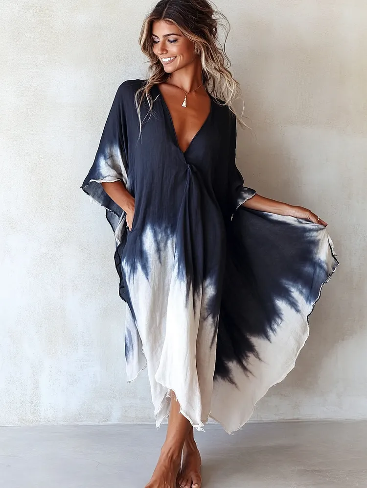 Tie Dye Linen V-neck Long Kaftan