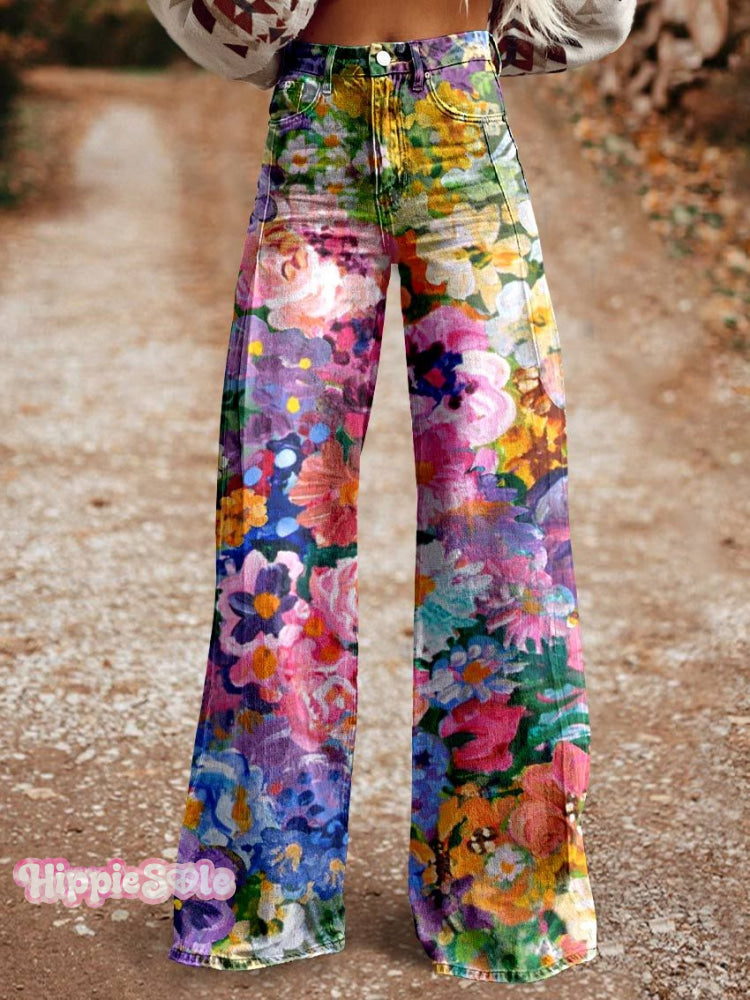 Women’s Flower Print Casual Wide Leg Pants Multicolor / Xs