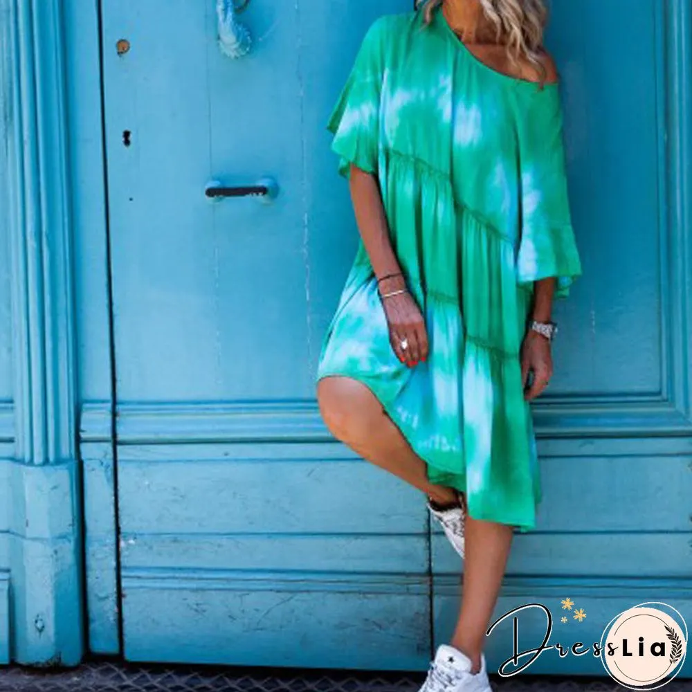 Off Shoulder Tie Dye Loose Casual Midi Dress