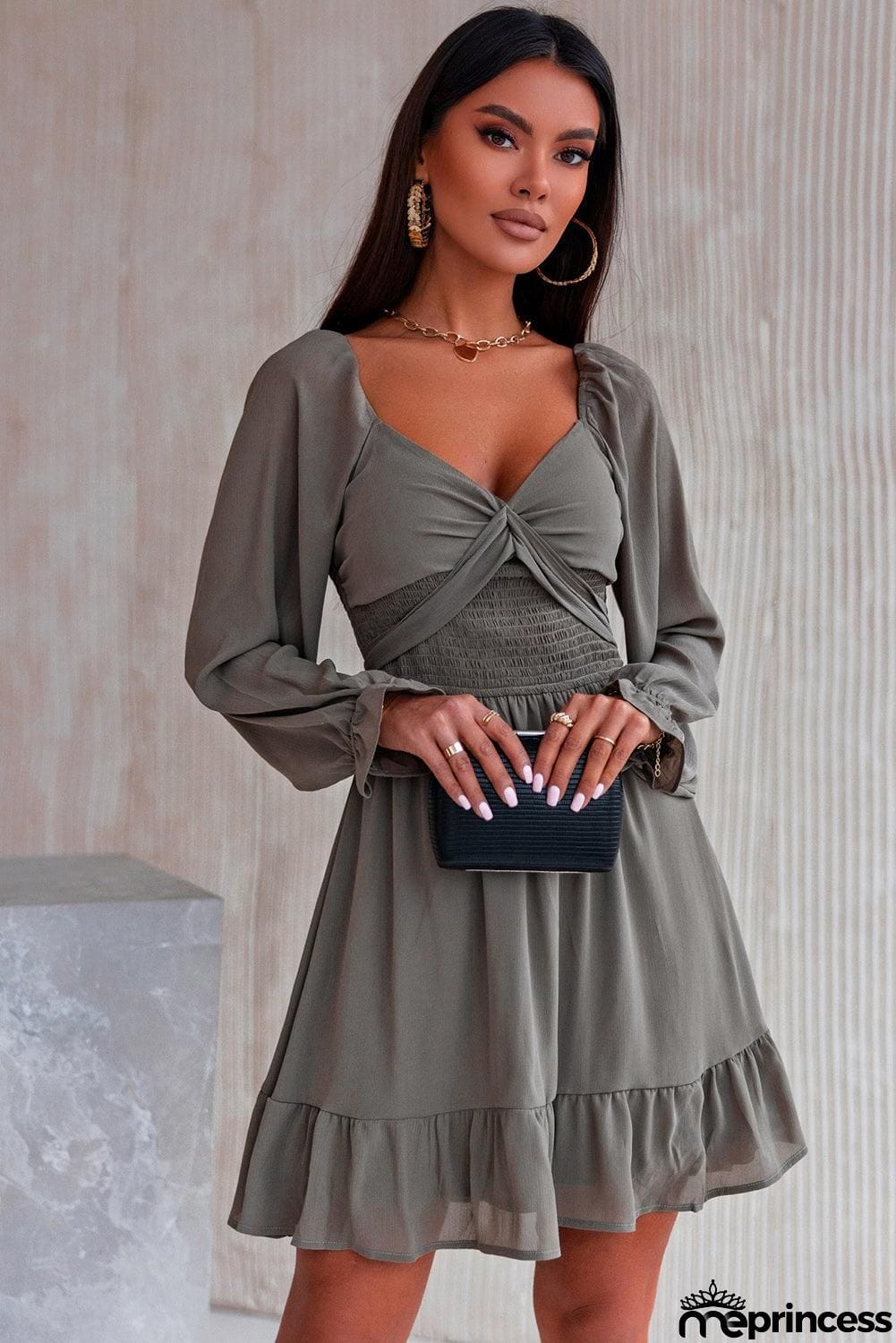 Smocked Long Flounce Sleeve Ruffle Hem Dress
