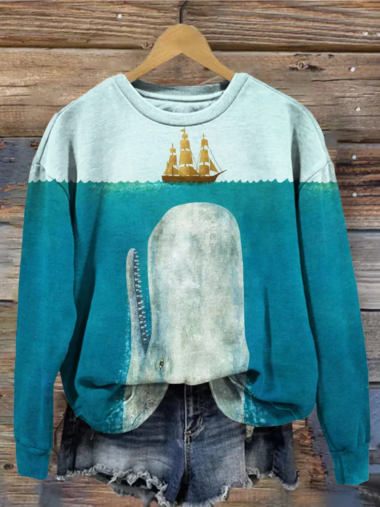 The Whale Art Print Vintage Crew Neck Sweatshirt