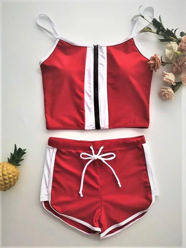 Sports Style Split-Joint Zipper Split Tankini Swimsuit