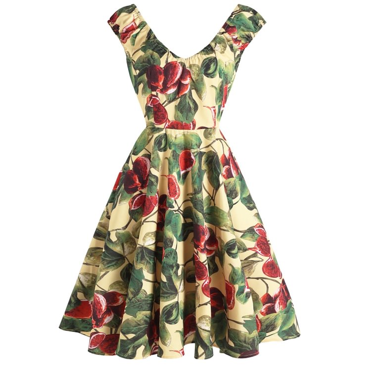 Mayoulove 1950s Dresses Deep V-Neck Backless Retro Romantic Fresh Print Swing Floral Dresses-Mayoulove