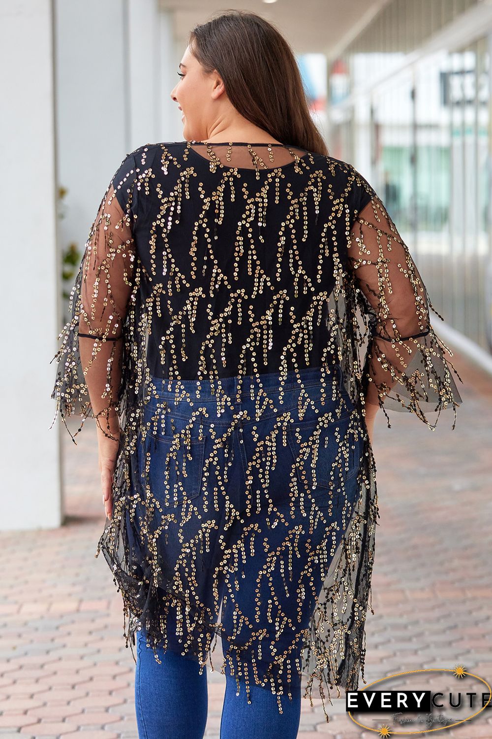 Black 3/4 Bell Sleeve Sequin Sheer Kimono