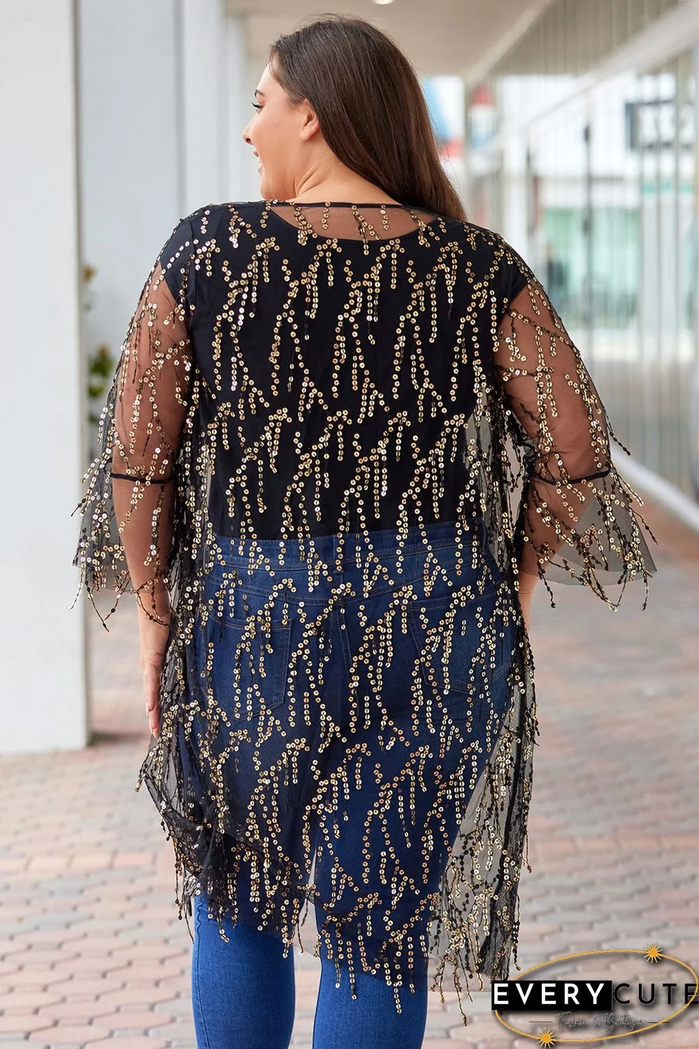 Black 3/4 Bell Sleeve Sequin Sheer Kimono