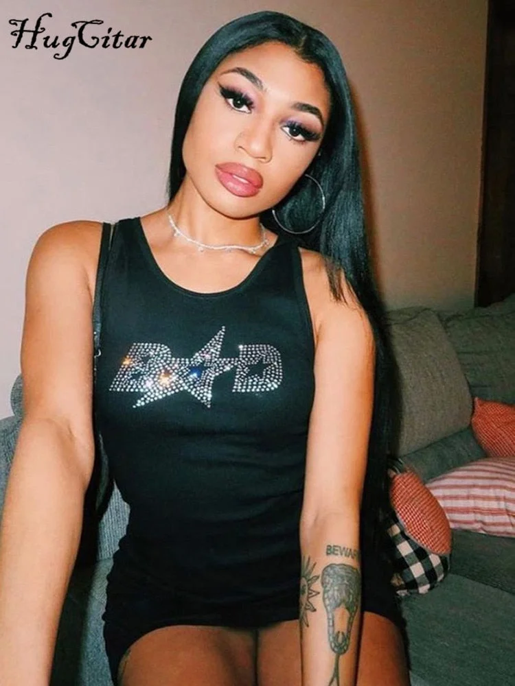 Hugcitar 2021 Sleeveless Sequined Letter Print Sexy Mini Dress Summer Women Fashion Streetwear Outfits Y2K Party Clothing