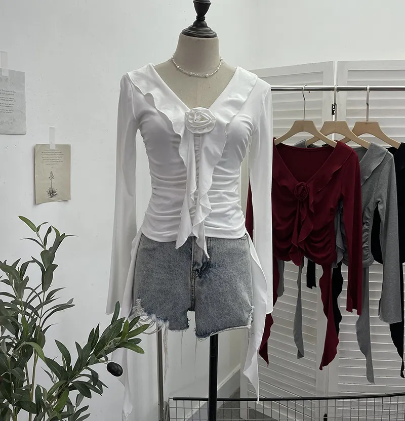 Uveng Han's New V-Neck Flower Irregular Lotus Leaf Edge Ribbon Slim Thin T-Shirt Short Top 1227