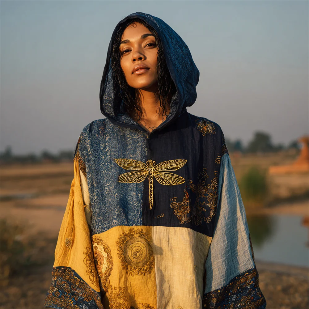 Vintage Boho Dragonfly Floral Patchwork Women's Hooded Sweatshirt