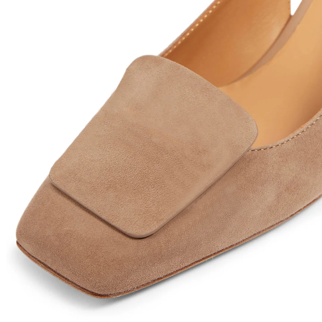 Simple Tan Vegan Suede Chunky Heel Square Toe Slingback Shoes