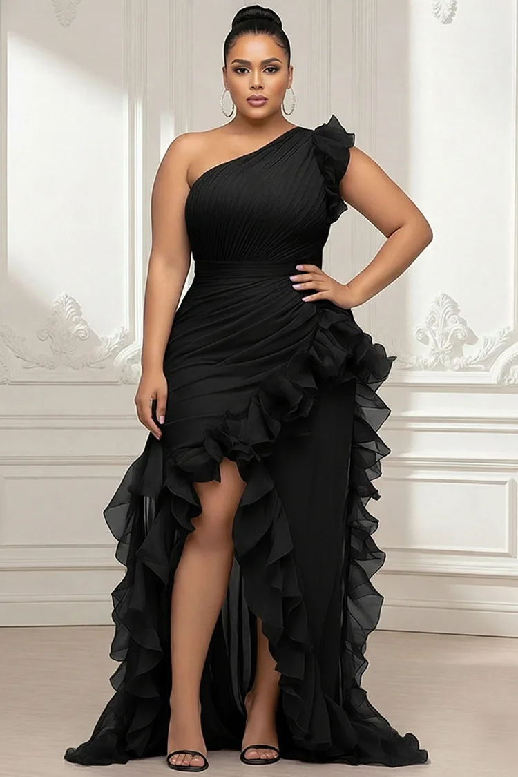 Xpluswear Design Plus Size Formal Purple Oblique Collar One Shoulder Ruffle Split Chiffon Maxi Dresses [Pre-Order] 2024 - Xpluswear