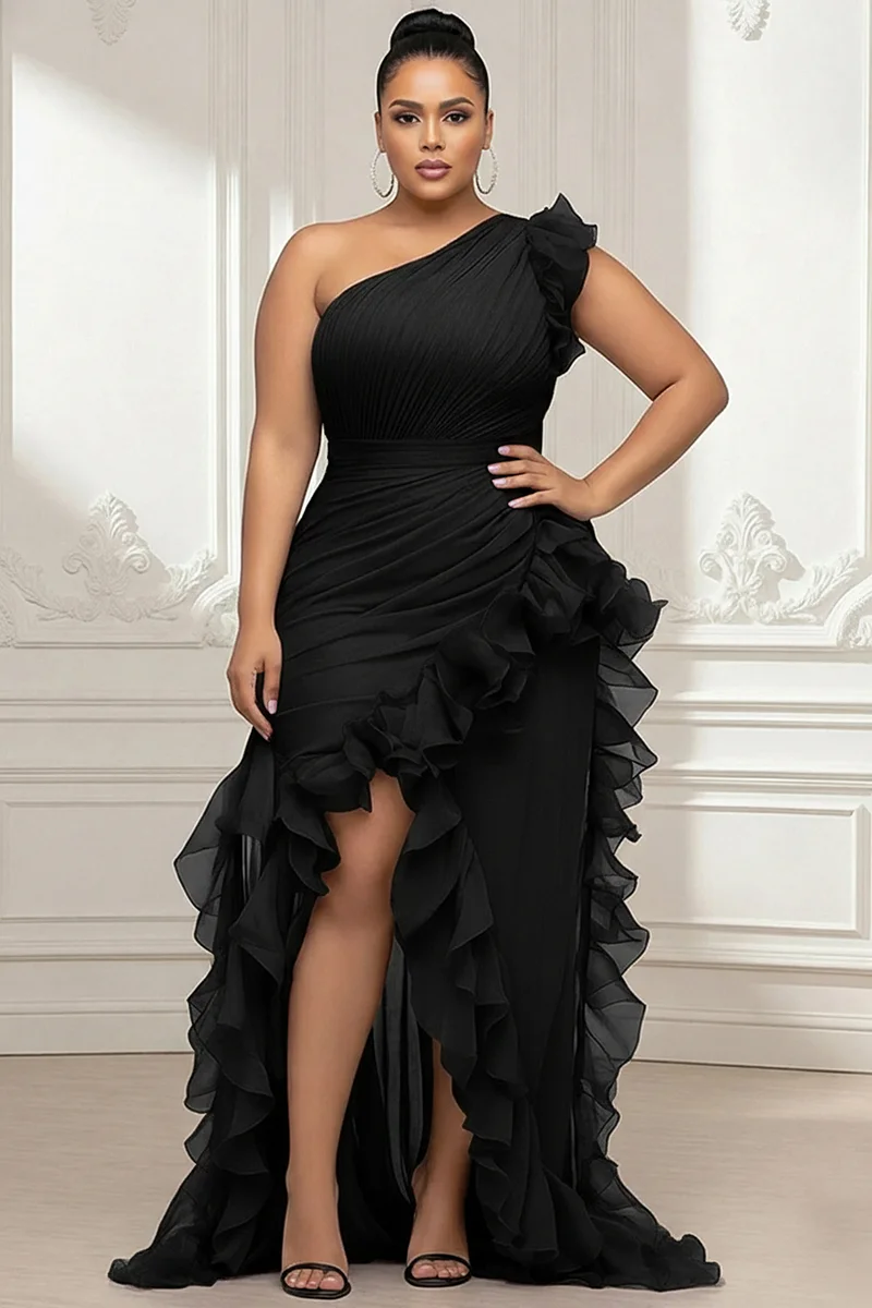 Xpluswear Design Plus Size Formal Purple Oblique Collar One Shoulder Ruffle Split Chiffon Maxi Dresses Purple-2XL/18-20