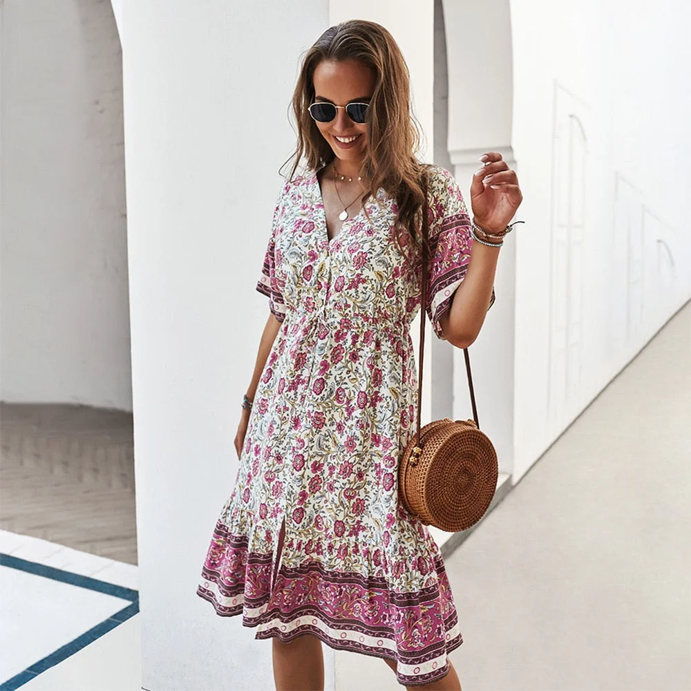 Printed Mini Dresses for Women Party 2021 Summer V-Neck Ruffles Sexy Dress Ladies Short Sleeve Casual Holiday Boho Dress Jurk