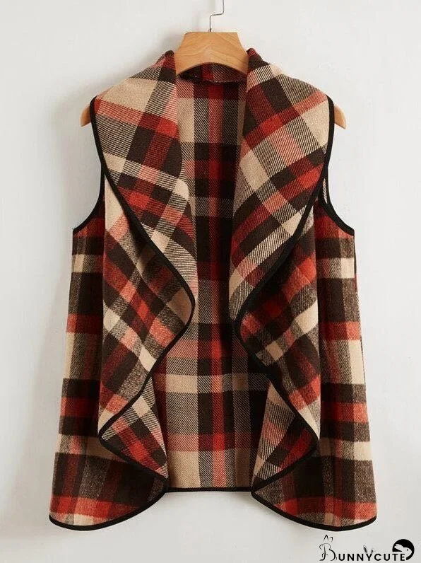 Asymmetrical Hem Plaid Waterfall Coat for Women