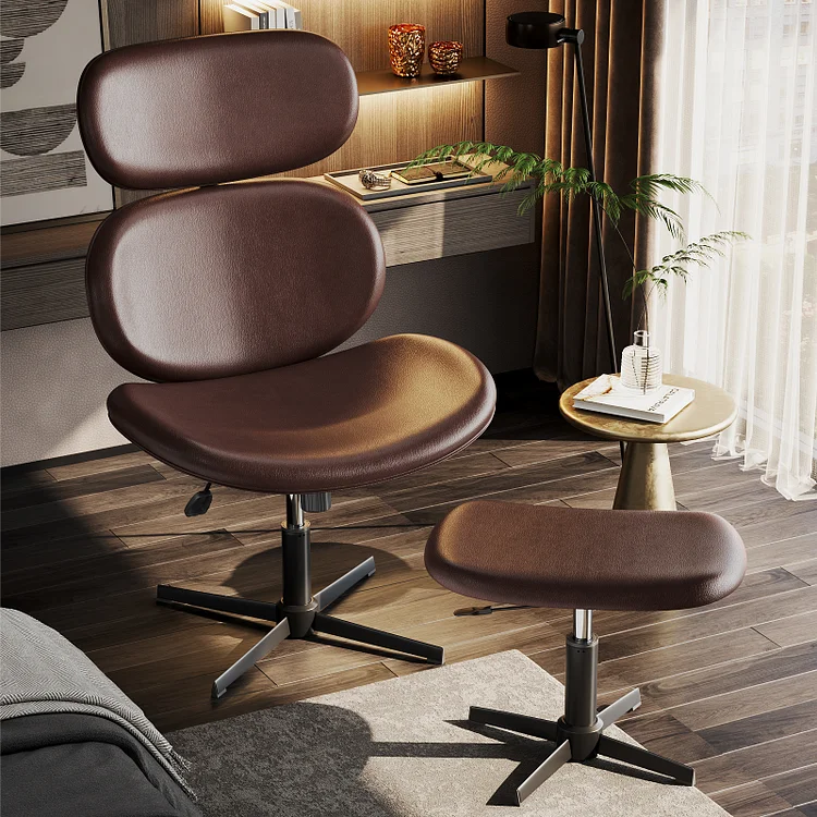 Bestier Swivel Criss Cross Chair with Ottoman Set Mid Century Modern PU Leather Adjustable Armless Chair, Comfy Oversized Accent Chair Ergonomic Wide Seat for Living Room/Bedroom