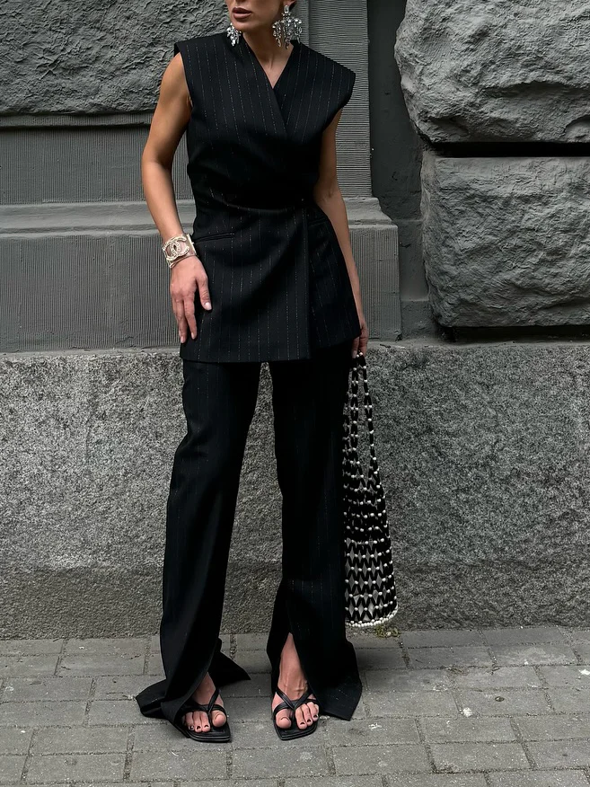 Black Pin - Striped Sleeveless Blazer And Flared Pants Set