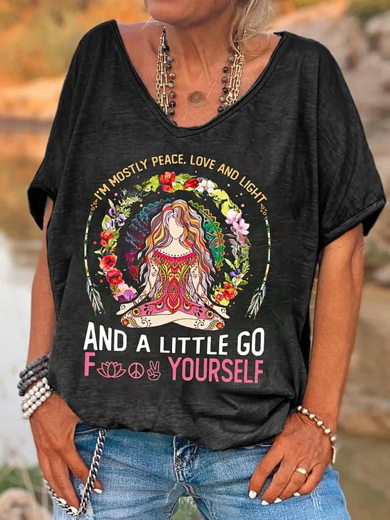 Women's Yoga Hippie I'm Mostly Peace Love And Light Casual V-Neck Tee