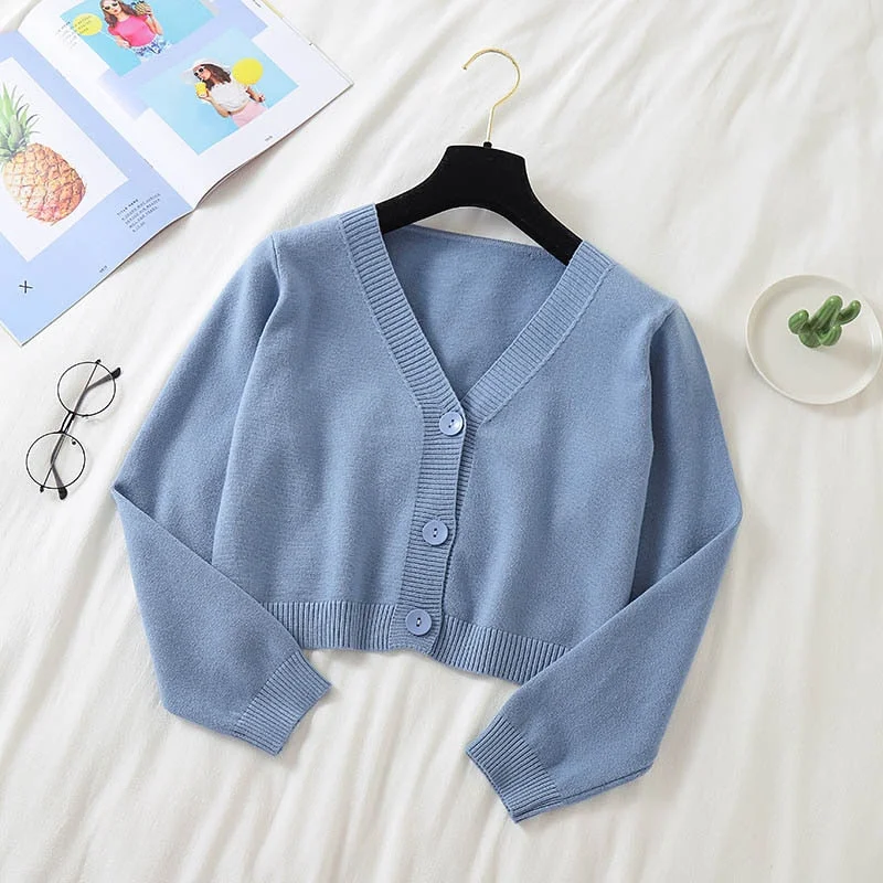 Spring Newly Green Cropped Cardigans Women 2021 Loose Ladies Short Knitted Sweaters Long Sleeve V neck Solid Chic Streetwear