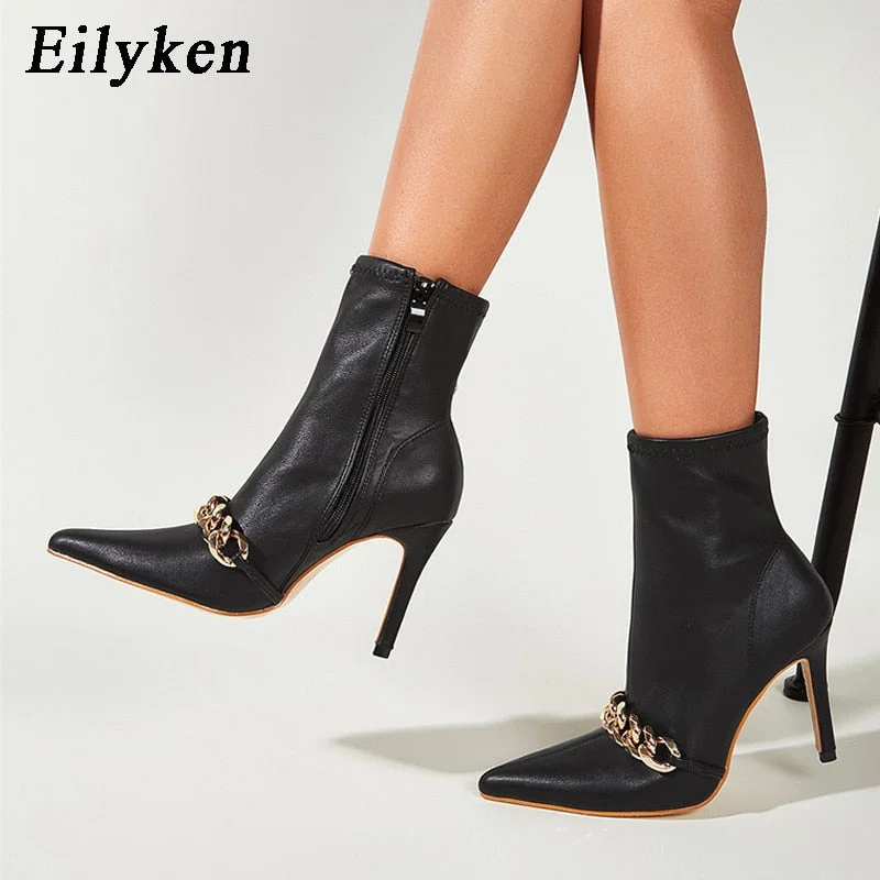 Eilyken Spring Autumn New Sexy Pointed Toe Stiletto Heels Ankle Boots Women Fashion Chain Decoration Ladies Shoes Size 35-40