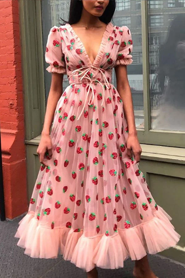 Sexy Strawberry Print V-neck Mesh Long Dress
