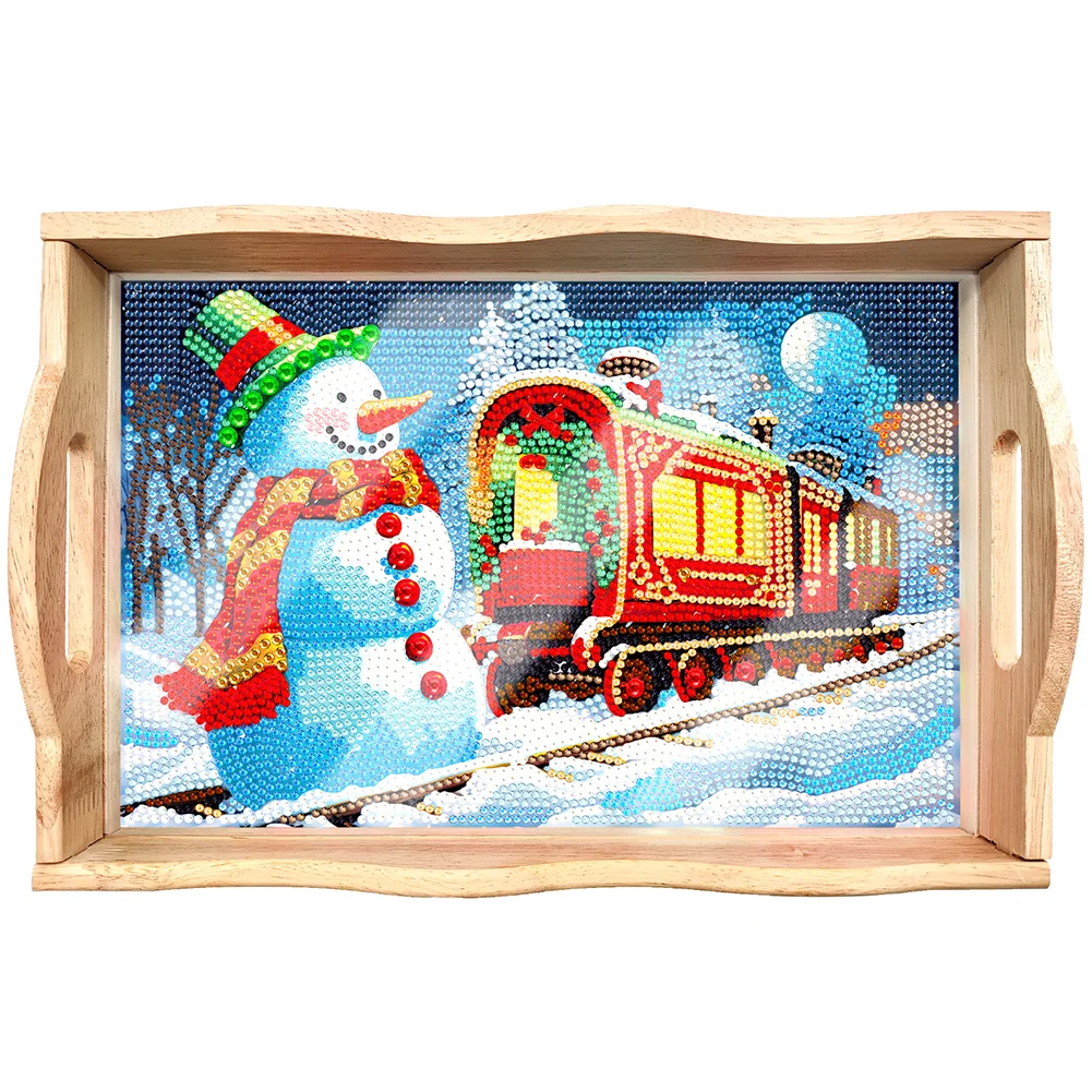 DIY Christmas Snowman Diamond Painting Wooden Nesting Food Trays with Handle Coffee Table Tray